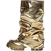 Yishaweiqi Slouched Ruched Fold Over Boots for Women Wide Calf Platform Chunky Heel Mid Calf Shark Boots