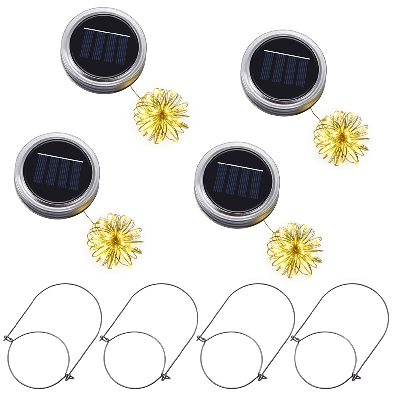 Ymenow Mason Jar Lid Lights, 4pcs Solar Bottle Lights Outdoor Waterproof Hanging Fairy String Lights with 4 Hangers (No Jars Included), Dusk to Dawn for Home Party Patio Garden Trees Decor