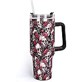 Whaline 40oz Halloween Tumbler with Handle Straw and Lid Skull Floral Travel Tumbler Coffee Cup for Holiday Birthday Party Favors