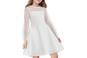 Flypigs Girl's Dress Sheer Mesh Puff Long Sleeve High Waist Party Dresses with Pockets for 6-13 Years