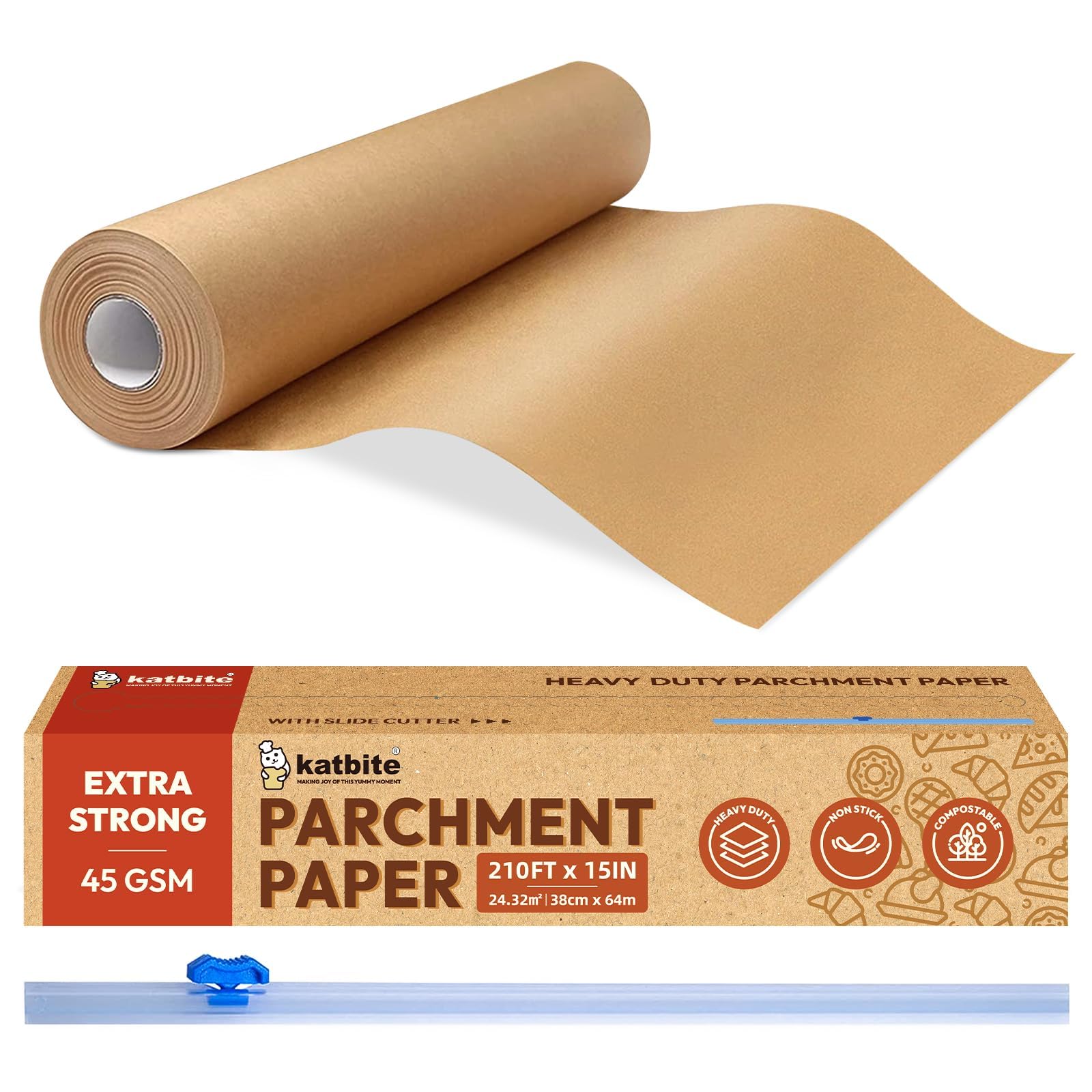 Photo 1 of Katbite Parchment Paper Roll for Baking, 15 in x 210 ft 260 Sq.Ft, Heavy Duty Baking Paper with Slide Cutter, Easy to Cut & Non-stick Cooking Paper for Bread, Cookies, Air Fryer, Steaming, Grilling