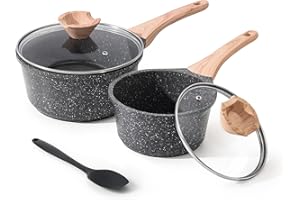 Kordisen Sauce Pan Set with Lid, 1.5QT & 2.5QT Non Stick Small Pot with Granite Coating, 5-Piece Cookware Set, PFOA/PFOS Free