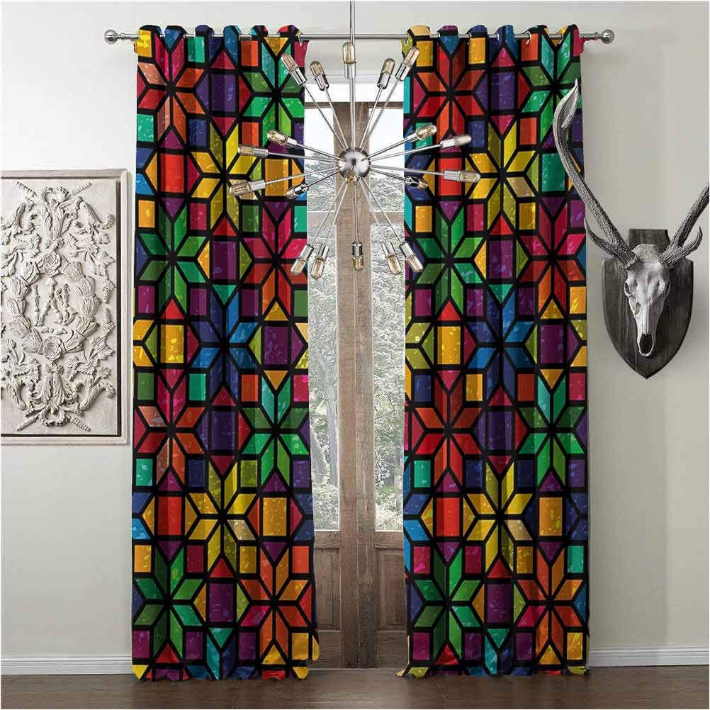hengshu Shading Insulated Curtains, Geometric, Curtain for Houseroom, Windows Glass Inspired Rainbow Colored Image with Flowers Like Artwork Print, W84 x L108 Inch, Multicolor, Grommets Panels,