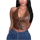 Verdusa Women's Sexy Corset PU Leather Halter Tops Backless Lace Up Crop Going Out Tops Rave Outfits