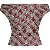 CIDER Shirts for Women Plaid Checks Off Shoulder Ruched Crop Top Sleeveless Blouse Party Clubbing