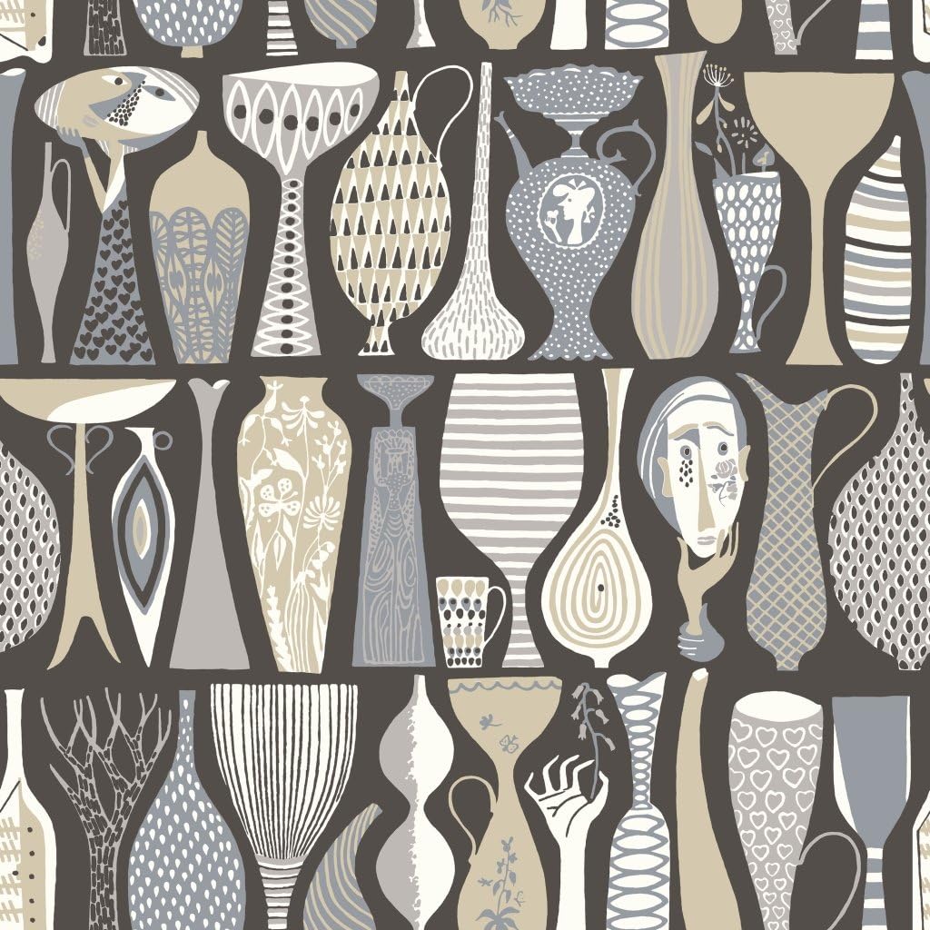Stig Lindberg 1758 Non-Woven Wallpaper Various Vases in Grey, Beige, Grey Blue and White on Matt Black