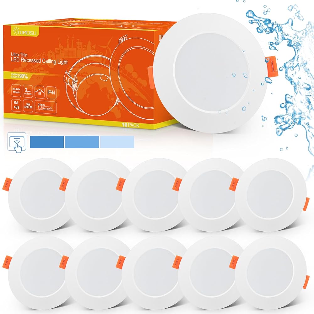 Tomosu LED Recessed Downlights 5W 6000K IP44 Dimmable 24mm Slim 10 Pack