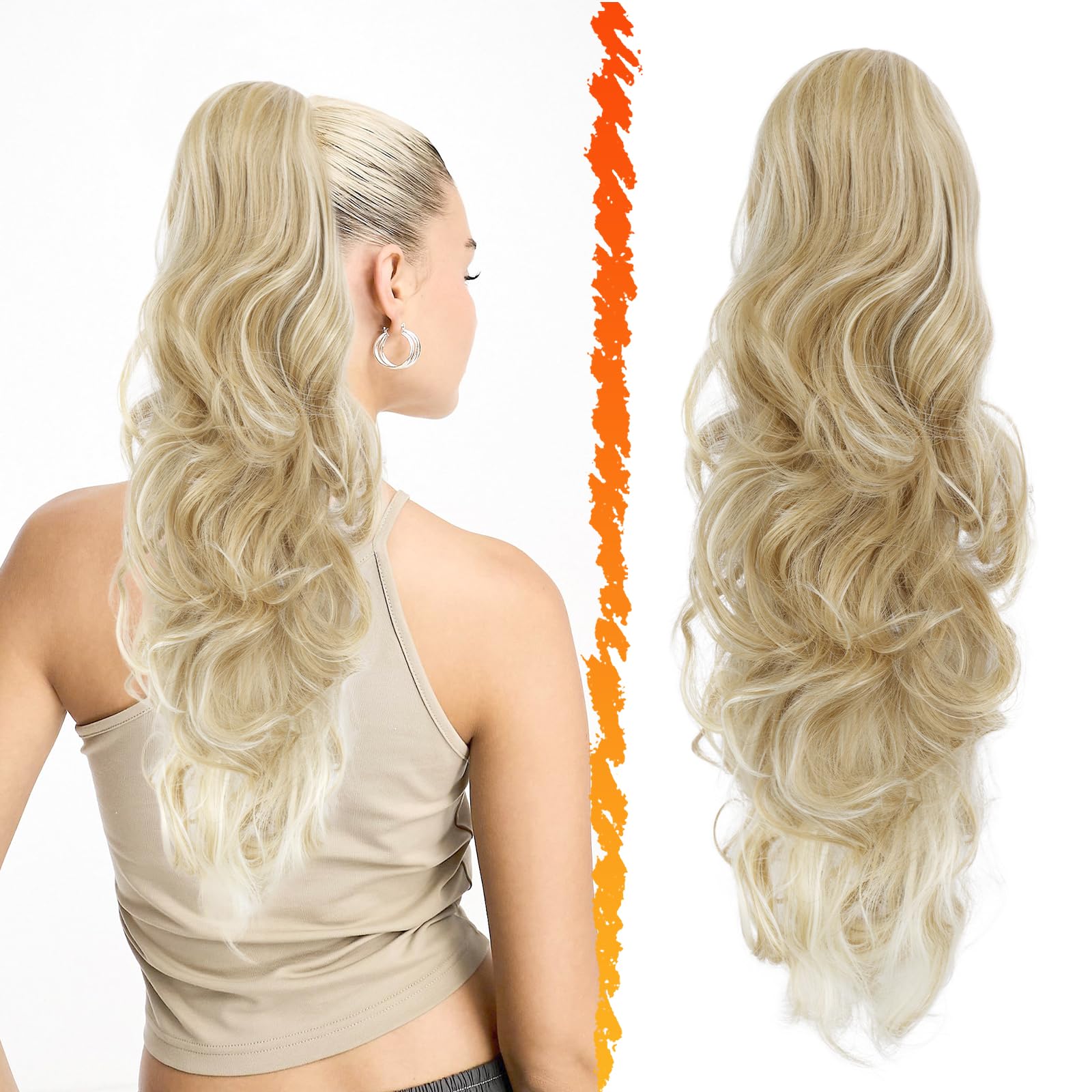 BARSDAR Blonde Ponytail Extension, 20 Inch Drawstring Ponytail Hair Extensions for Women Curly Wavy Synthetic Fake Pony Tails Hairpieces for Daily Party - Ash Blonde Mixed