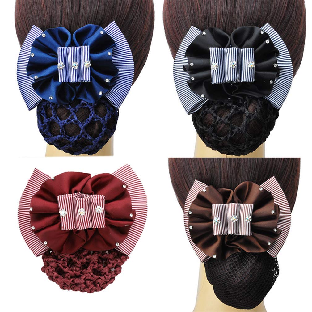 Lynmerry 4PCS Barrette Bowknot Satin Snood Net Bow Hair Clip Women Hair Band Accessories