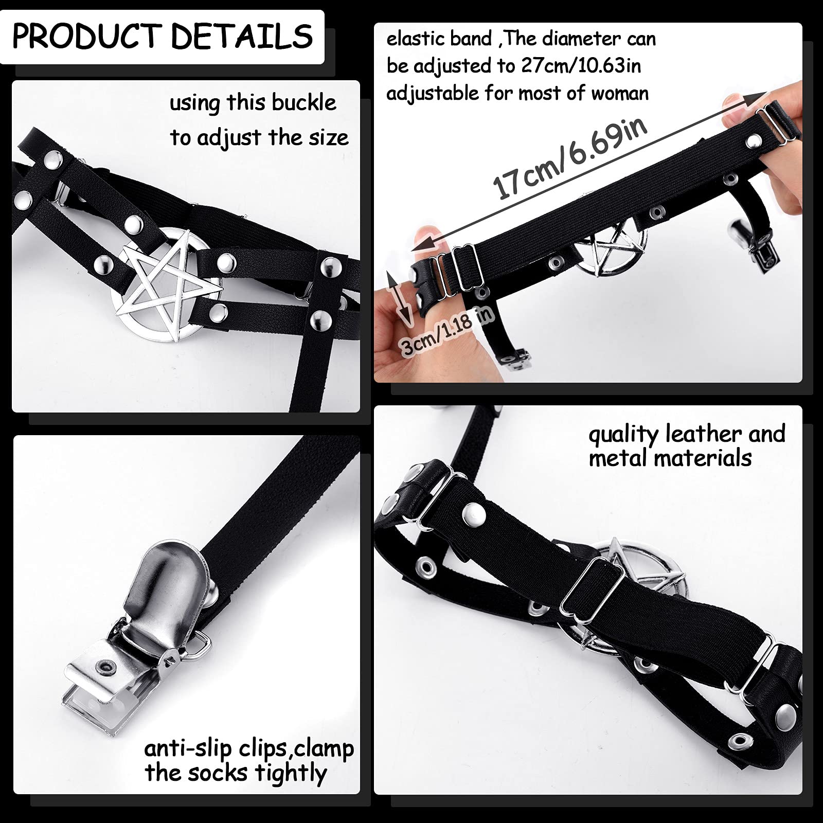 Syhood 6 Pieces Adjustable Garter Belts with Anti-slip Clips, Elastic Punk Thigh Ring Garter Star Shaped Leg Heart-shaped Leg Ring 2 Rows Thigh Belt Suspender for Women