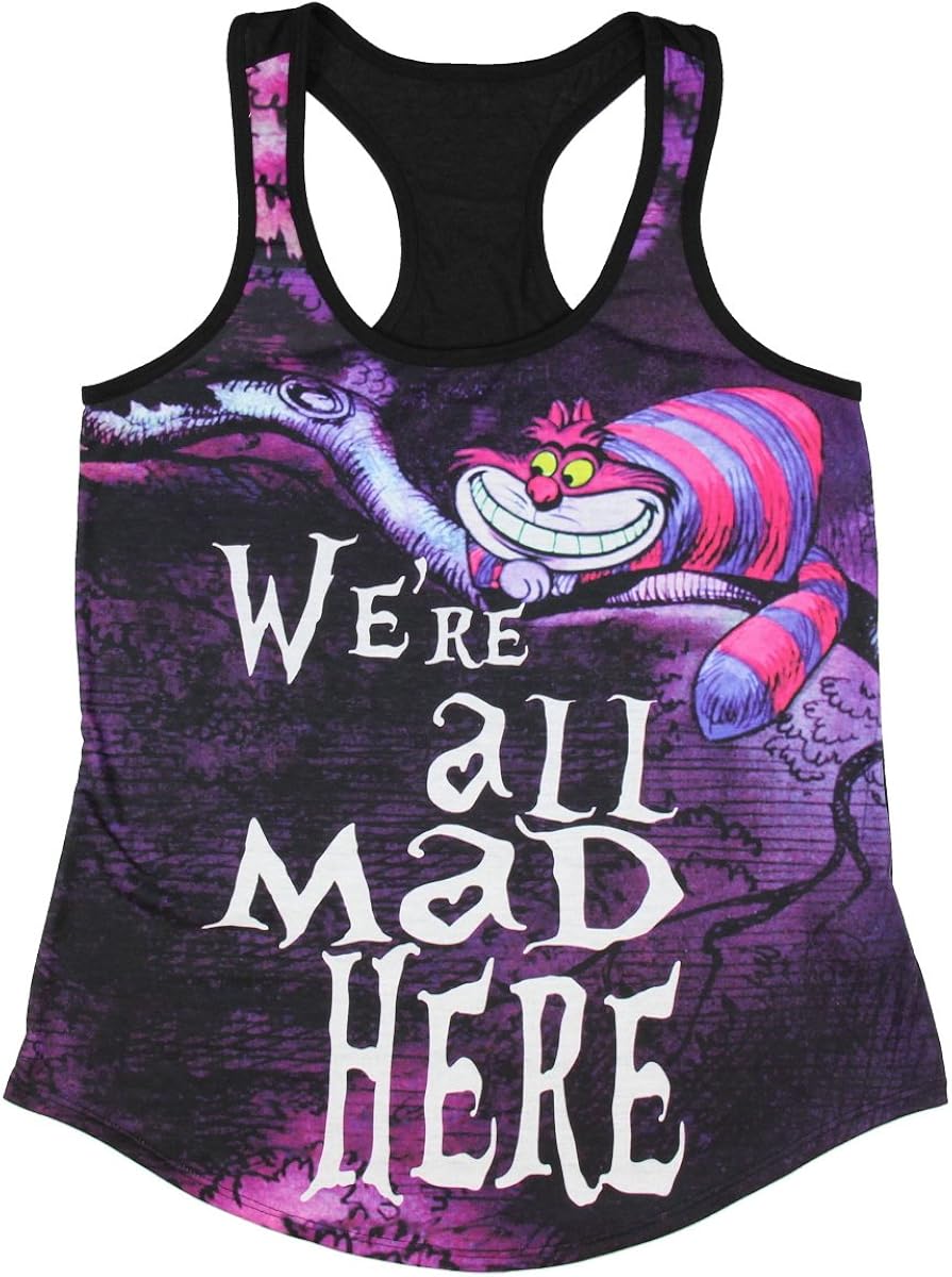 Disney Alice In Wonderland Cheshire Cat We're All Mad Here Juniors Tank Top