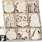 WOHOHOHO 45PCS 10 Designs Halloween Unfinished Paintable Blank with Tray | DIY Predrilled Wooden Ornaments for Crafts with Watercolor Pens. Ghost Bat Pumpkin Witch Skull Trick or Treat Birthday Gift