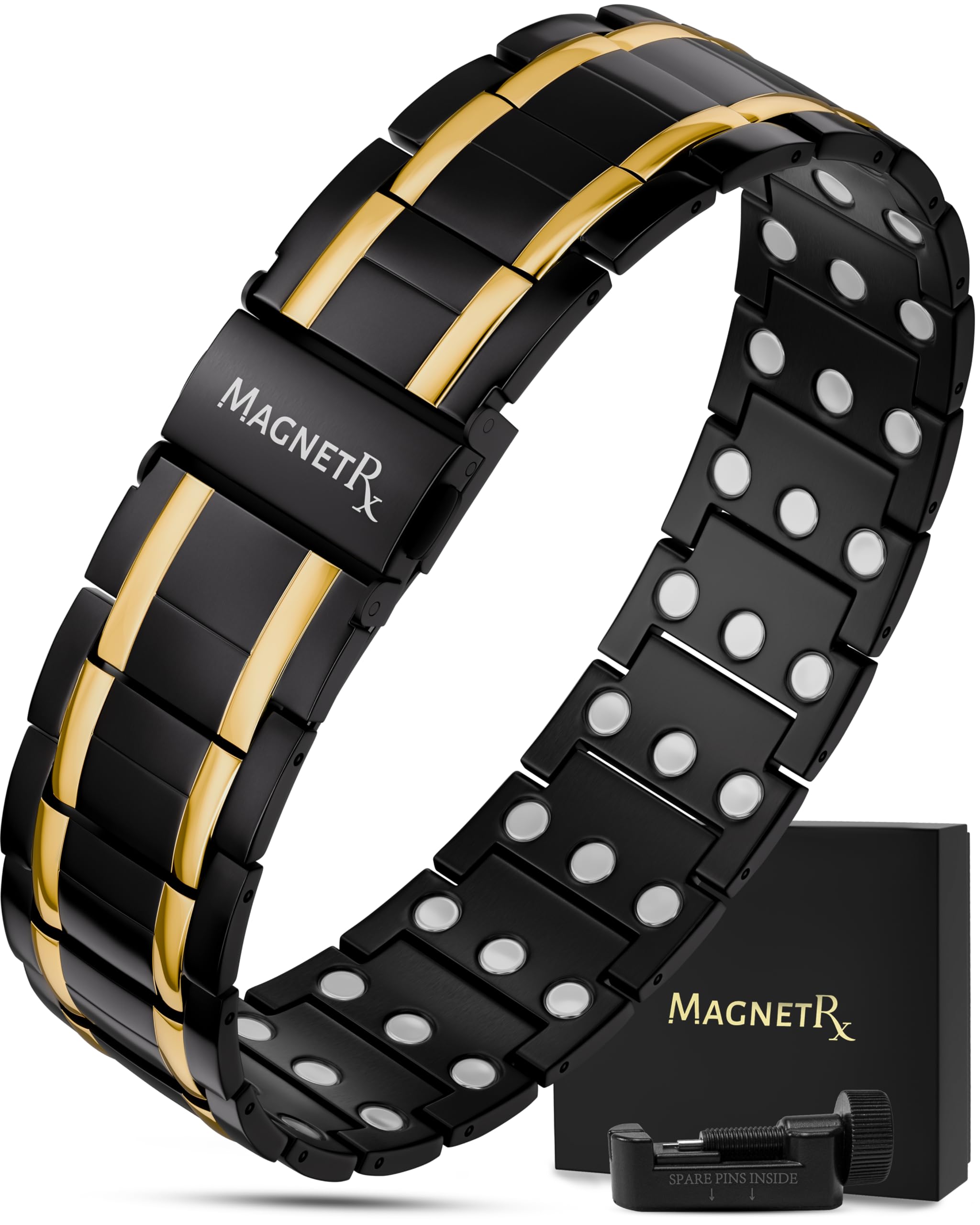 MagnetRX® 3X Strength Magnetic Bracelets for Men - Effective Titanium Magnetic Bracelet Men - Premium Fold-over Clasp & Adjustable Length with Sizing Tool & Gift Box (Black/Gold)