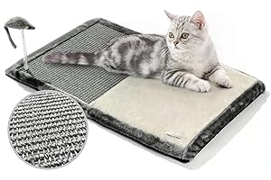 Happi N Pets Cat Scratcher Mat, 3 in 1 Foldable Sisal Mat for Small & Medium Cats, Portable Natural Scratcher with Memory Foam Bed & Interactive Toy, Rectangular, Grey