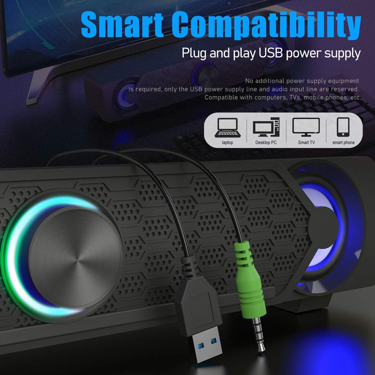 Smalody PC Speakers, Computer Speaker, USB Soundbar, Gaming with Cool LED Lights - Image 5