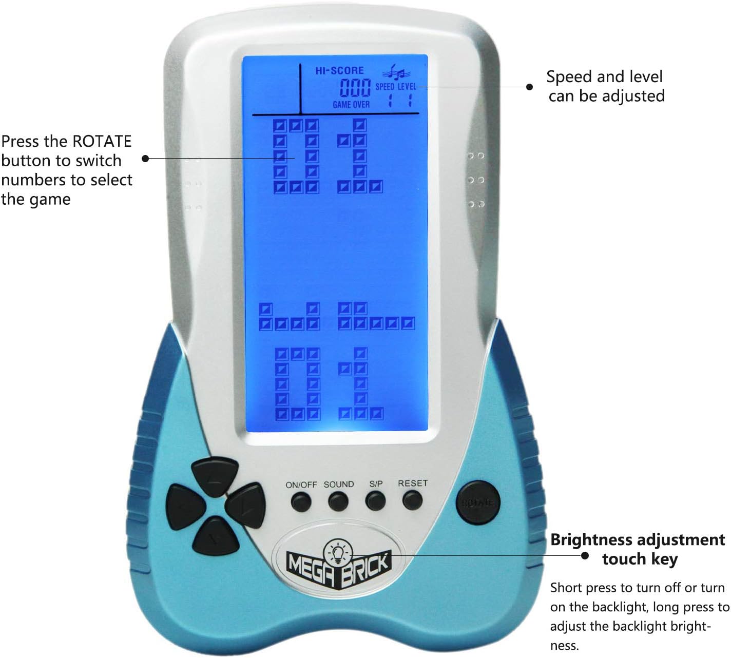 HLF New Retro Block Brick Game Console Large Screen Blue Backlight Brightness can be Adjusted Build in 23 Game Compatible with Lithium Battery/AAA Batteries can Plug in Headphone (Blue) - Image 4