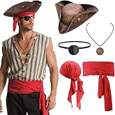 5PCS Pirate Costume Accessories Set for Men, Halloween Pirate Accessories | Pirate Hat, Faux Leather Tricorn Hat, Bandana, Red Sash, Eye Patch, Necklace Medieval Renaissance Accessories
