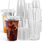 Ginkgo 100-Pack 20oz Clear Plastic Iced Coffee Cups with Lids and Straws, Leak-Proof & Sturdy Disposable To Go Cups for Smoothies, Milkshake, Cold Beverages, Coffee Bar Accessories