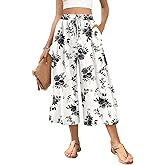 POPYOUNG Womens Capri Pant Dressy Casual Wide Leg Palazzo Pants Flowy Gaucho Pants Drawstring Trousers with Pockets