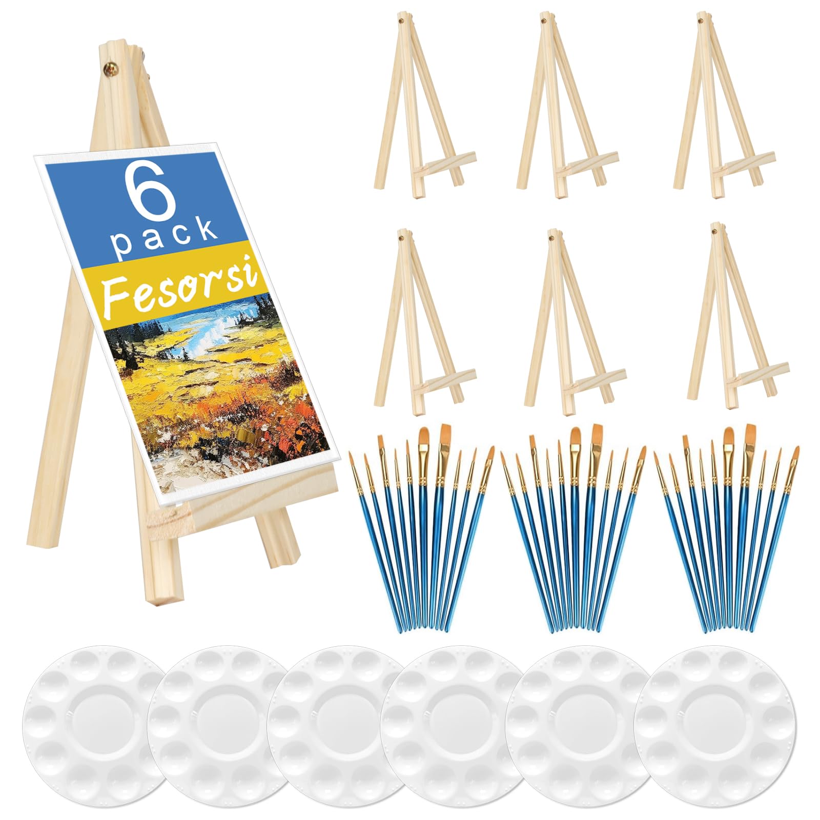 Photo 1 of Fesorsi Mini Easels 6 Pack, Small Easels for Painting 24cm/9 Inch, Folding Design, Small Easel with 6 Palettes and 30 Brushes, Suitable for Outdoor Painting Party