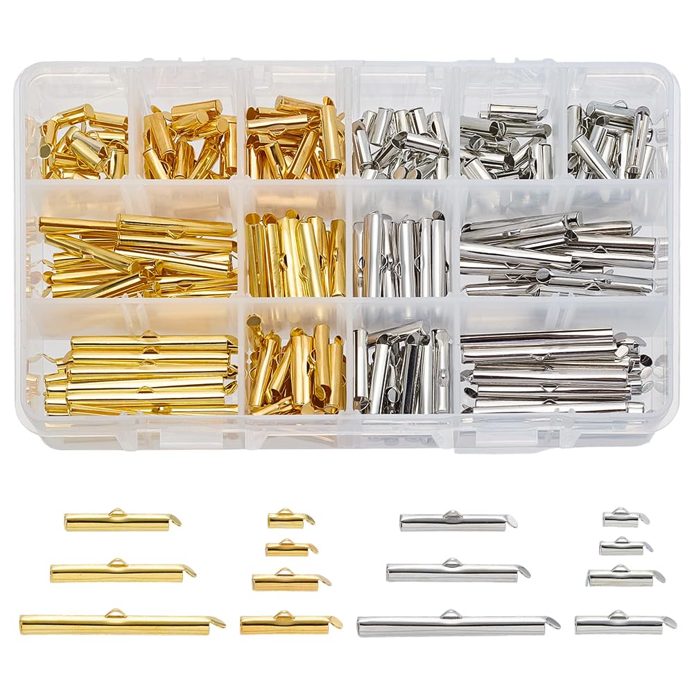 PH PandaHall 280pcs Slider Clasp for Beading Slide Tube Cord Ends, 7 Size Slide on End Clasp Tubes Slider End Caps Crimp End Tube for Multi-Strand Beading Necklace Bracelet Jewelry Making