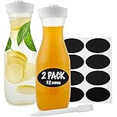 Plastic Juice Carafe with Lids (Set of 2) 32 oz Carafes for Mimosa Bar, Drink Pitcher with Lid, Water Bottle, Milk Container, Clear Beverage Containers for Fridge, Pantry Storage, Round Pitchers