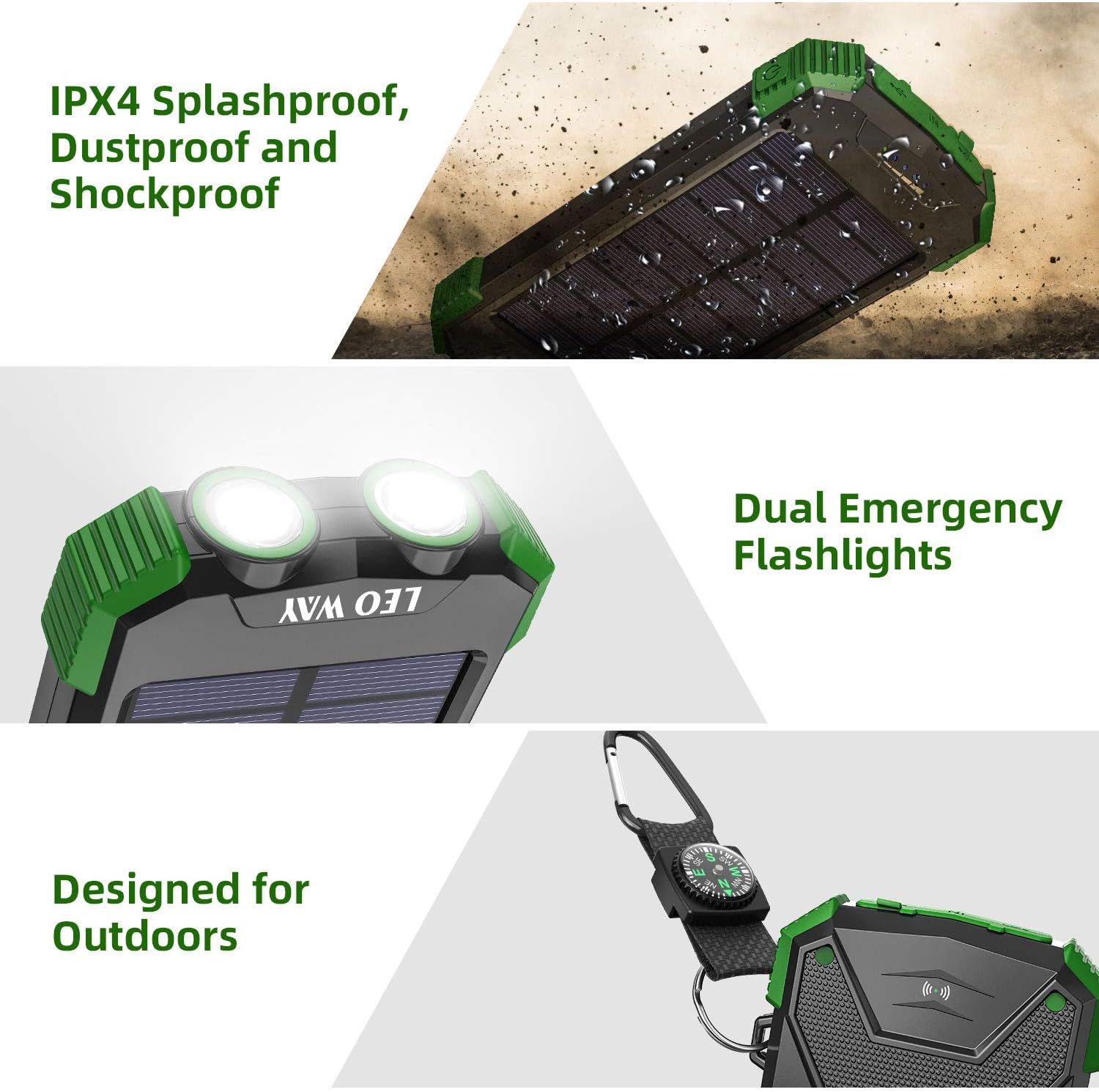 Solar Charger, 10000mAh Solar Power Bank, Qi Wireless Charger, Portable Charger for iPhone, External Battery Pack, Dual Flashlight, Compass, Solar Panel Charging for Outdoor Camping by LEO WAY, Green: Garden & Outdoor