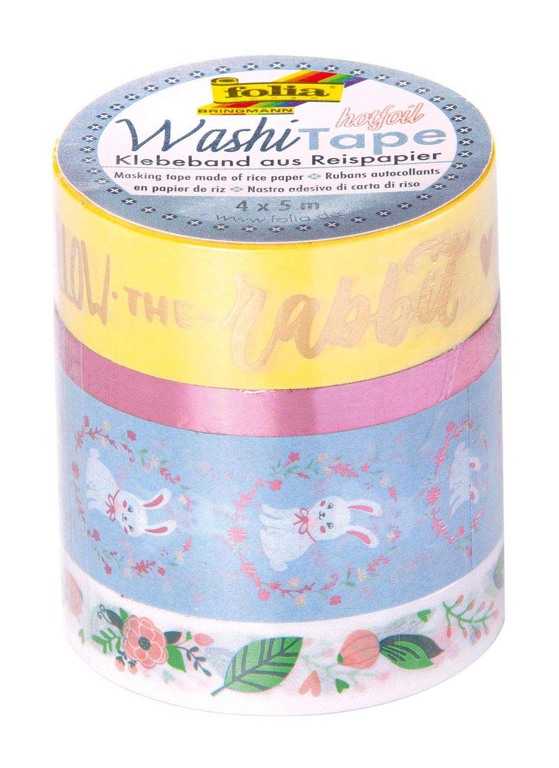 folia 26448 – Washi Tape Made of Rice Paper Set of 4 "Follow The Rabbit" Hot Foil Finish 4 Rolls of 5 m Length in Different Widths for Decorating and Decorating