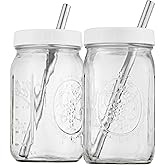 Capsule Classic Reusable Wide Mouth Smoothie Boba Tea Cups Bubble Tea Cups with Lids and Silver Straws Mason Jars Glass Cups (2-pack, 32 oz mason jars)