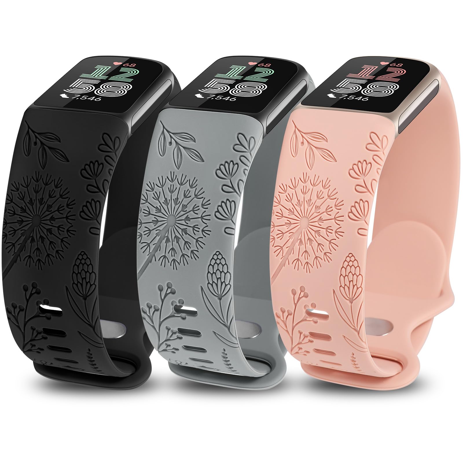 TOYOUTHS 3 Packs Floral Engraved Compatible with Fitbit Charge 5/Charge 6 Strap for Women, Soft Waterproof Silicone Sport Band with Cute Dandelion Flower Pattern, Black/Grey/Pink