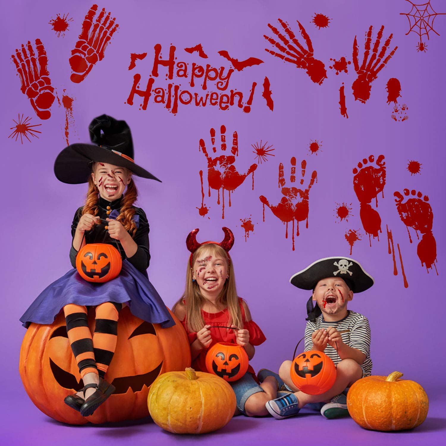 Halloween Scar Stickers Tattoo Bloody Decals Handprints Floor Clings,Aniwon 15Pcs Waterproof Window Wall Stickers Decor Footprint 11Pcs Simulation Horror Realistic Fake Bloody Wound Stitch Scar for Party Zombies Cosplay