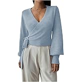 SHENHE Women's Casual V Neck Wrap Sweater Pullover Long Sleeve Slim Fit Knit Crop Top Sweater