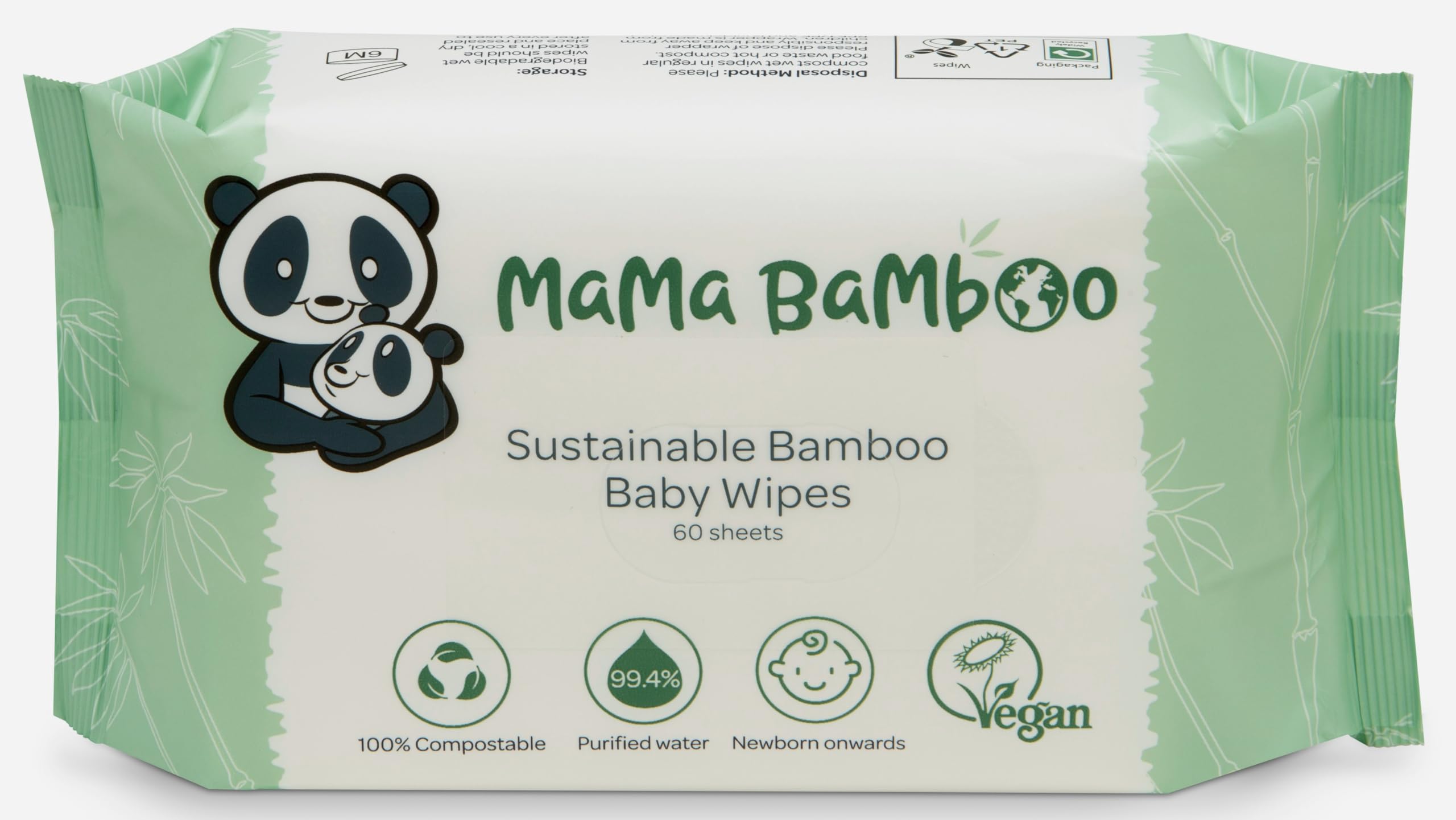 Mama Bamboo - Sustainable Bamboo Baby Wipes - 100% Compostable Bamboo Viscose - 99.4% Purified Water - Hypoallergenic and Naturally Anti-bacterial - 720 Wipes (12 Packs of 60)