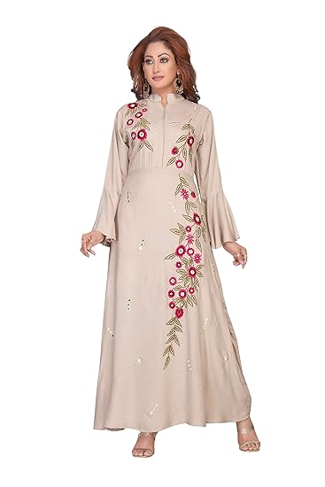 Buy Kyde Womens A Line Fancy Designer Gown Kurti Full Umbrella Flair Sleeve Stylish Modern Latest Kurti Beige Cream L Xxl At Amazon In