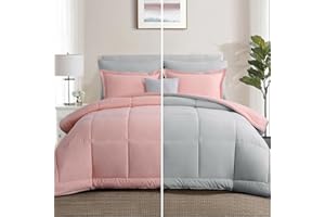 Aisbo Pink and Grey Comforter Set Queen - 3-Pieces Soft Reversible Comforter Set Queen Size, All Season Lightweight Down Alternative Bed Comforter with 2 Pillow Shams