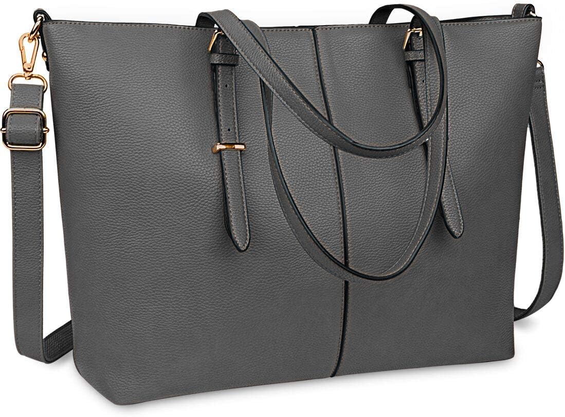 NUBILY Women Handbag Laptop Tote Bag 15.6 Inch Large Leather Shoulder Bag Designer Lightweight Computer Tote Bag Lady Stylish Handbags for Work Business School College Travel (Grey)