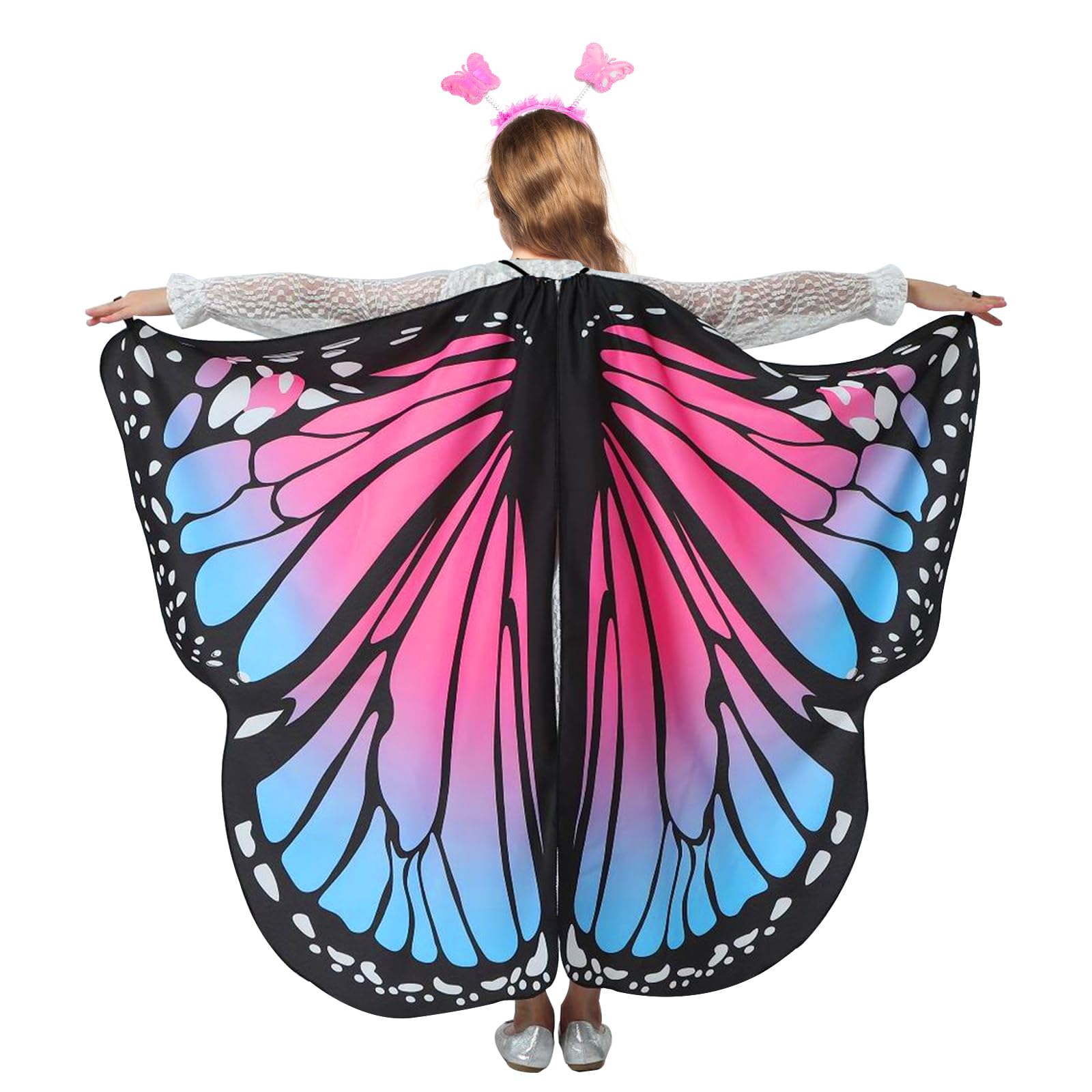 AffeGifts Kids Butterfly Wings Kids, Long Butterfly Fairy Wings with Headband Kid Butterflies Cloak Costume Butterfly Dress Up for Girls Fancy Dress Party Play 8-12 Years Old (Pink L)