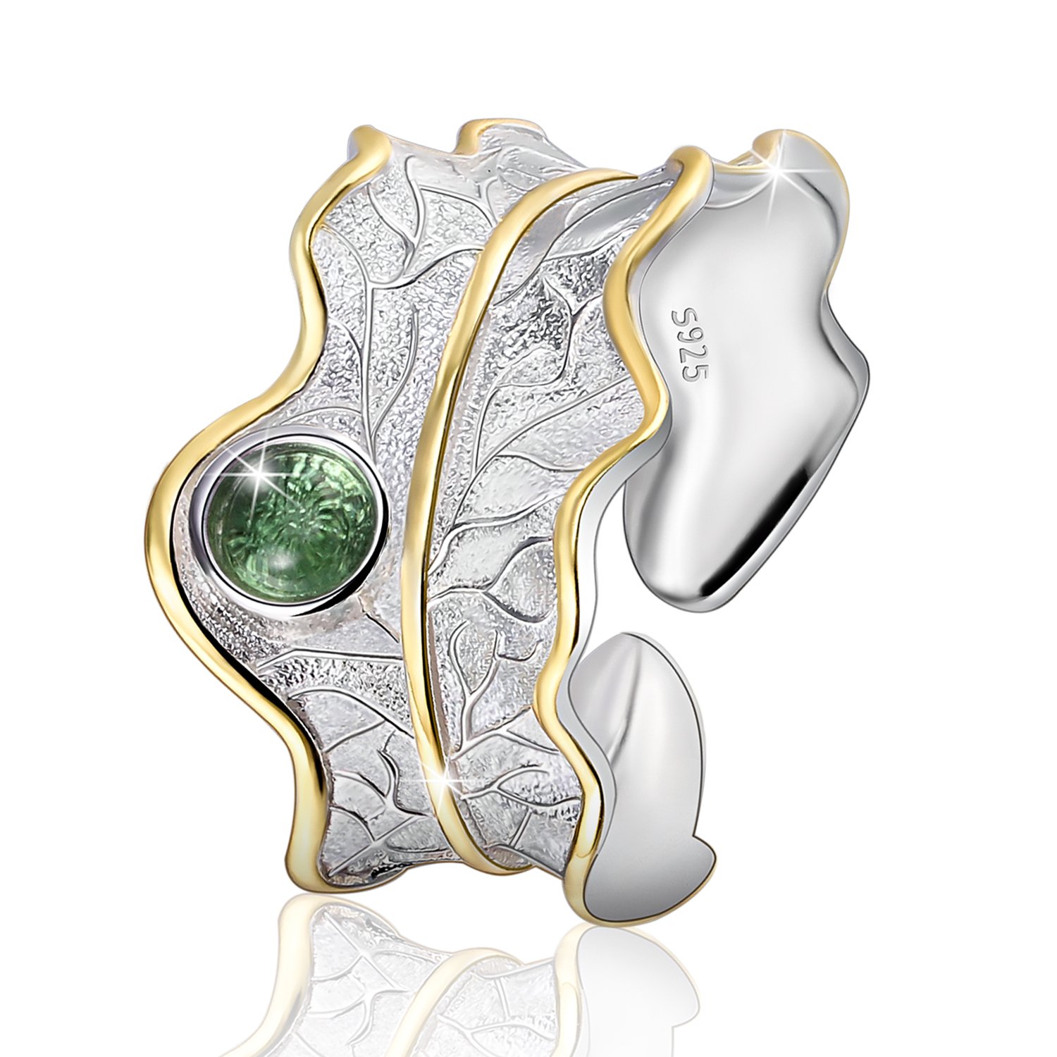 Springlight Sterling Silver Adjustable Ring - Wide Open Band, Natural Stone (Red/Yellow/Green), Leaf Design, Mum Gifts, Women's Jewelry