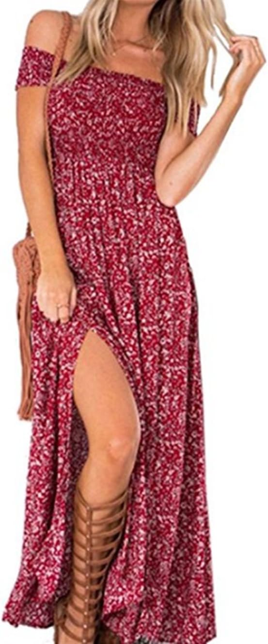 koobea Sexy Dresses for Women Summer Off The Shoulder Floral Printed Slit Strapless Bardot Maxi Beach Bohemian Dresses