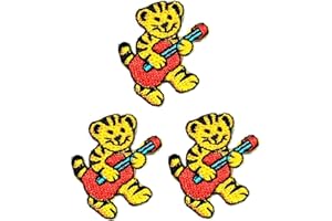 Umama Patch Set of 3 Mini Orange Tiger Craft Fabric Cute Tiger with Ukulele Playing Music Cartoon Retro Fun Embroidered Appli