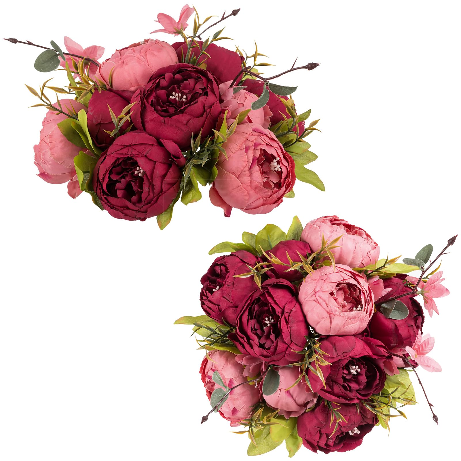 NUPTIO Peony Artificial Flowers for Centrepieces: 2 Pcs 24cm Diam Pink & Red Faux Peony Flower Fake Ball Arrangement Vintage Silk Bridal Bouquet Wedding Centerpieces for Table Decorations