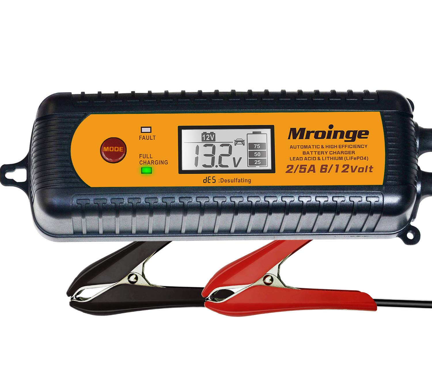 Photo 1 of Car Battery Charger, Mroinge 5A 6V/12V Fully Automatic Smart Charger, Battery Maintainer, Trickle Charger and Battery Desulfator for Lead Acid and Lithium Batteries, with LCD Display, MBC050-LCD