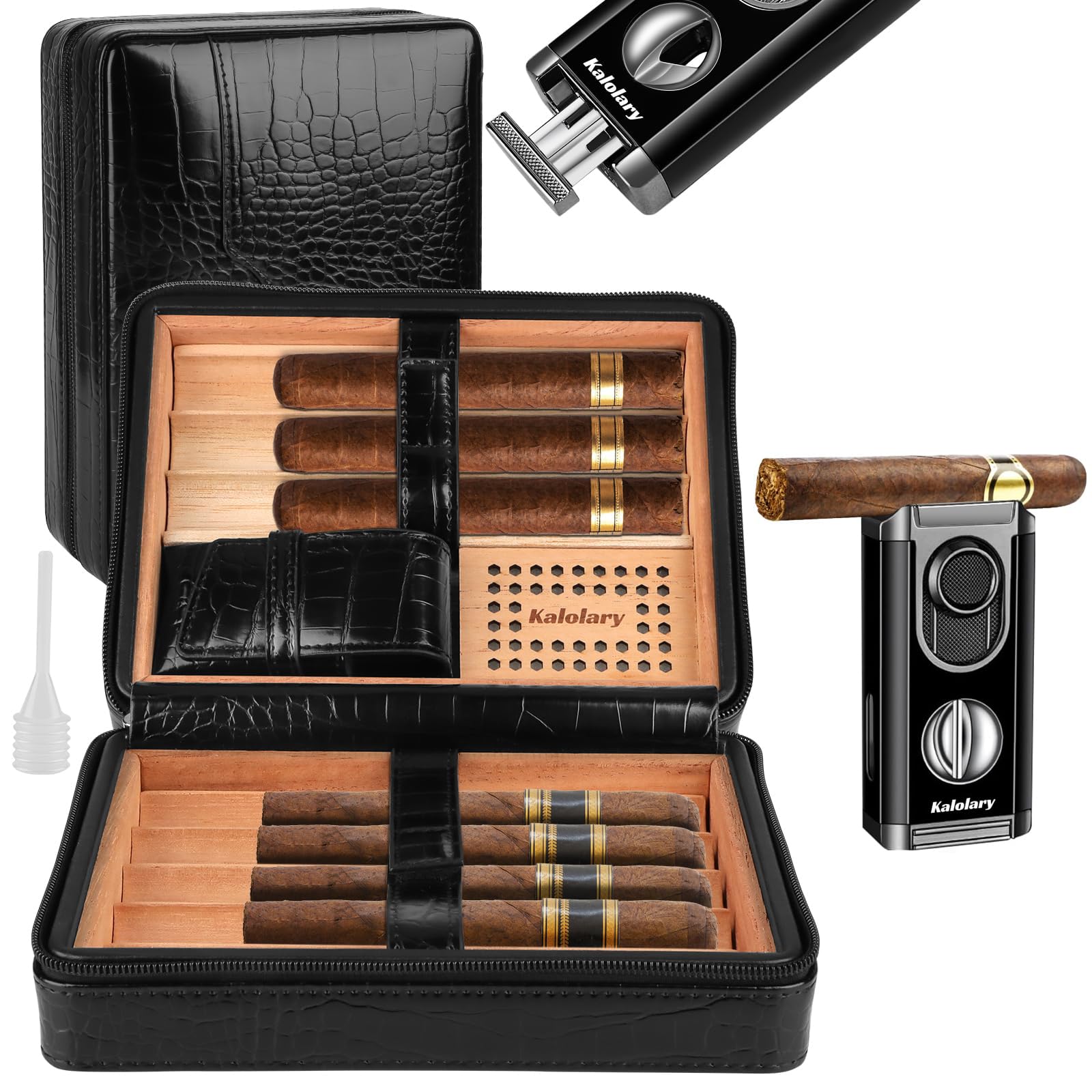 Kalolary Portable Cigar Humidor Case With Humidifier, Lighter and Cutter - Cedar Wood Leather Travel Case Holds 8 Cigars - Men's Accessories Gift Set (Black)