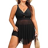 SOTHEA Womens Plus Size Mesh Swim Dress Cutout Swimsuit 2 Piece Tankini Flowy Bathing Suit with High Waisted Boyshorts