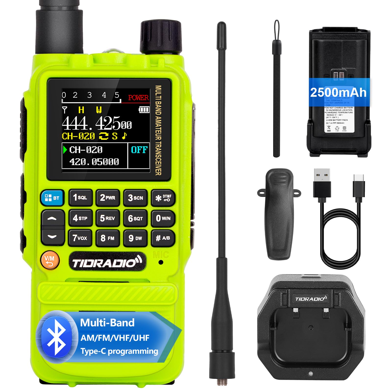 TIDRADIO TD-H3 Ham Radio Handheld UK, Airband Reception, APP/Web Bluetooth Programming, 8-Band, Freq Copy, DTMF, NOAA Weather, 2500mAh, Dual Band Two Way Radiofor Survival-Green,1 Pack