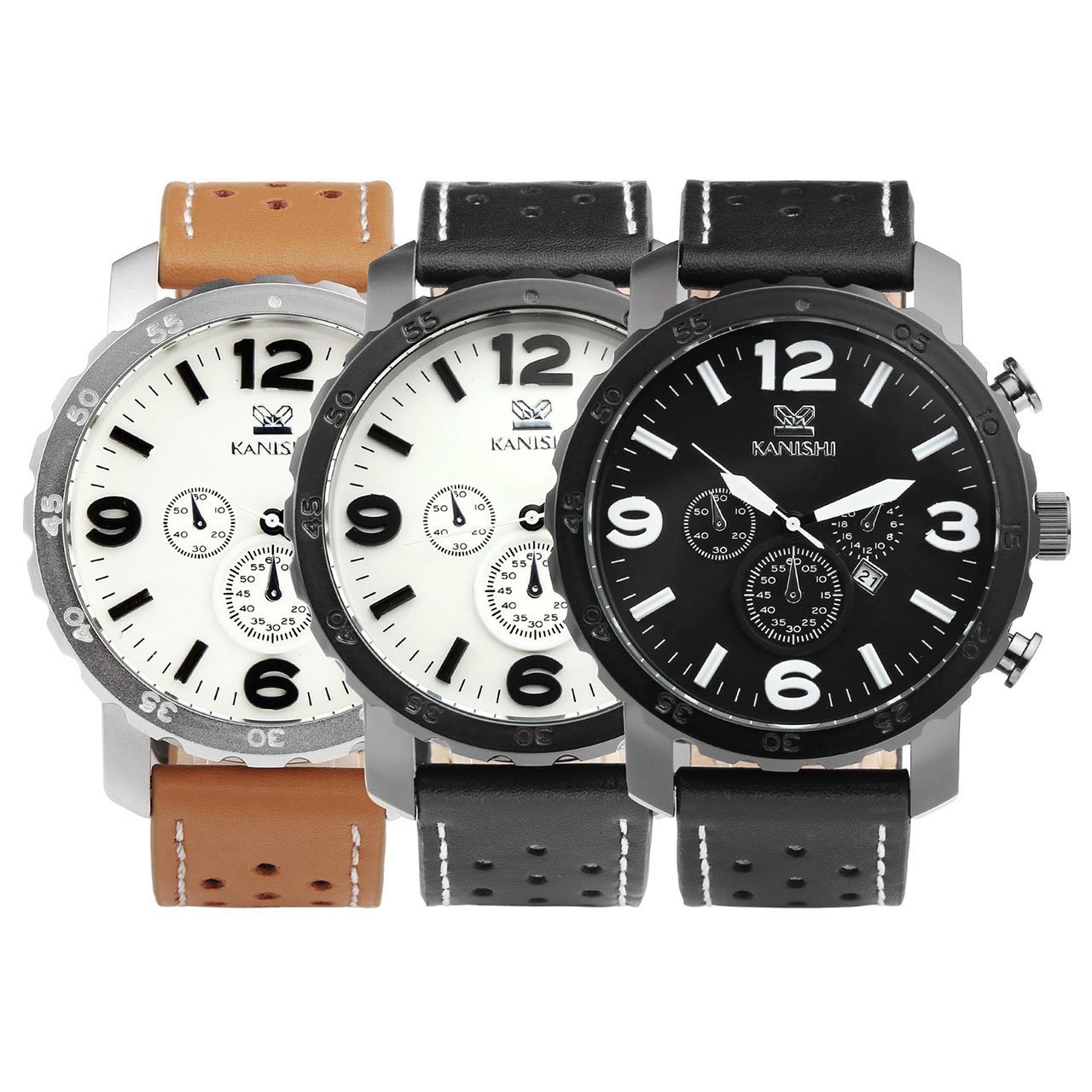 JSDDE Herren-Armbanduhr XL Uhren Herren Echtleder Band Kalenderuhr Traveler unecht Chronograph Analog Quarzuhr,Schwarz/Weiss