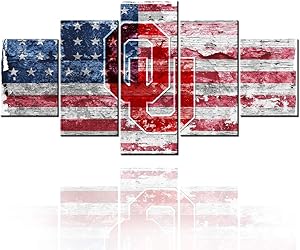 American Flag Decor Logo of university sports association sports team Paintings Picture for NCAA USA Wall Art 5 Piece Canvas Home Decorations for Living Room Giclee Artwork Ready to Hang(60''Wx32''H)