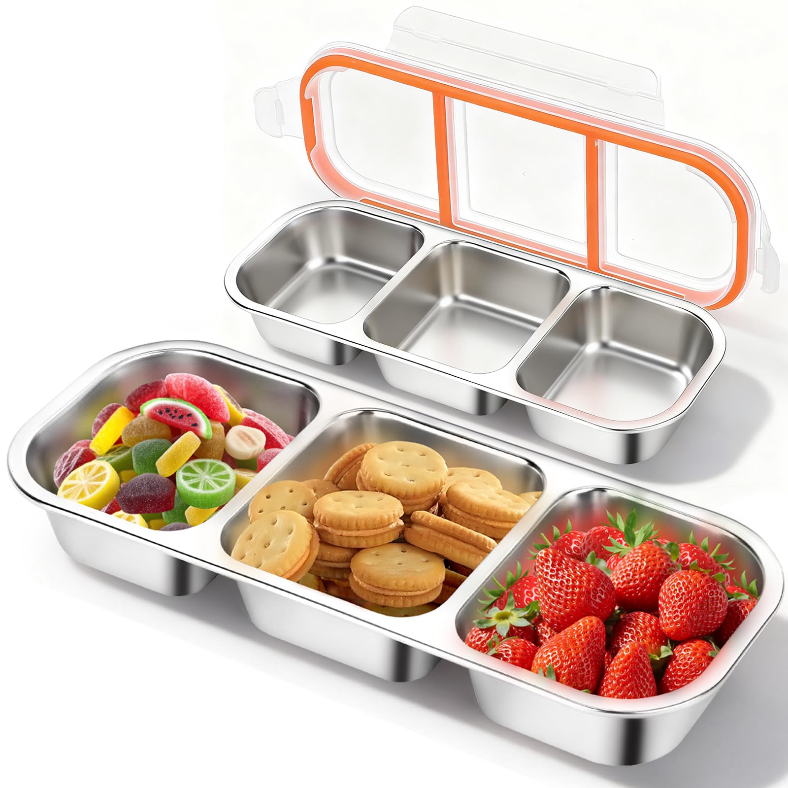 Photo 1 of **CRACKED** TGFBH 2Pack Reusable Stainless Steel Snack Containers with Leakproof Lids 3 Compartment, Stackable Metal Food Storage Lunch Boxes for Adults, Meal Prep, Travel, Office