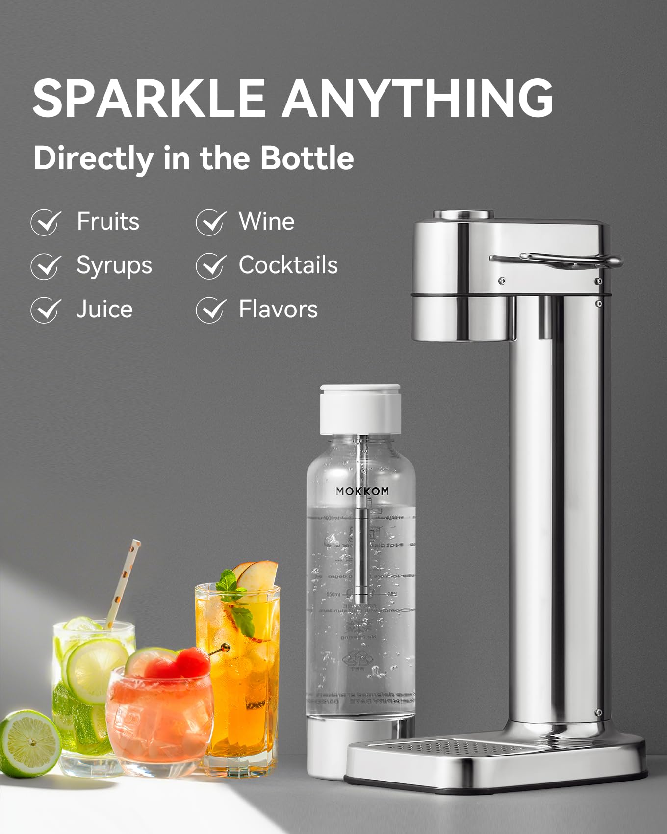 MOKKOM Sparkling Water Maker, Soda Streaming Machine with 1L PET Carbonating Bottle, Carbonates Any Drink, Soda Maker Compatible with 60L CO2 Carbonator (NOT Included) - Stainless Steel