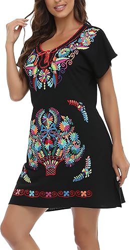 YZXDORWJ Women Mexican Embroidered Dress Short Sleeve (XL, 27BKR) in Kenya 